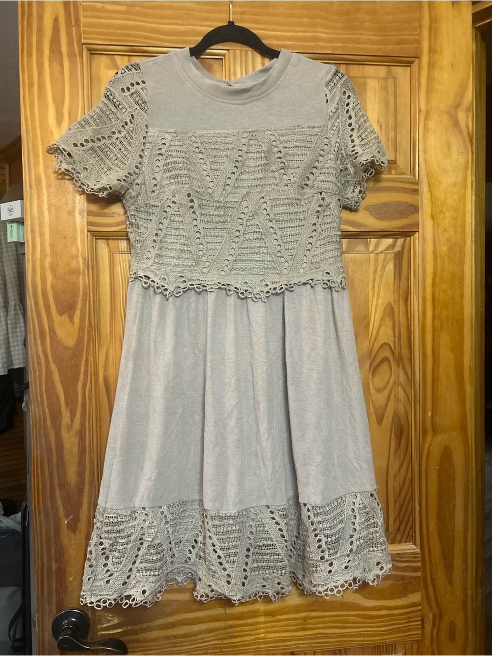 Doe & Rae Light Gray Crochet-Trim Girls Dress